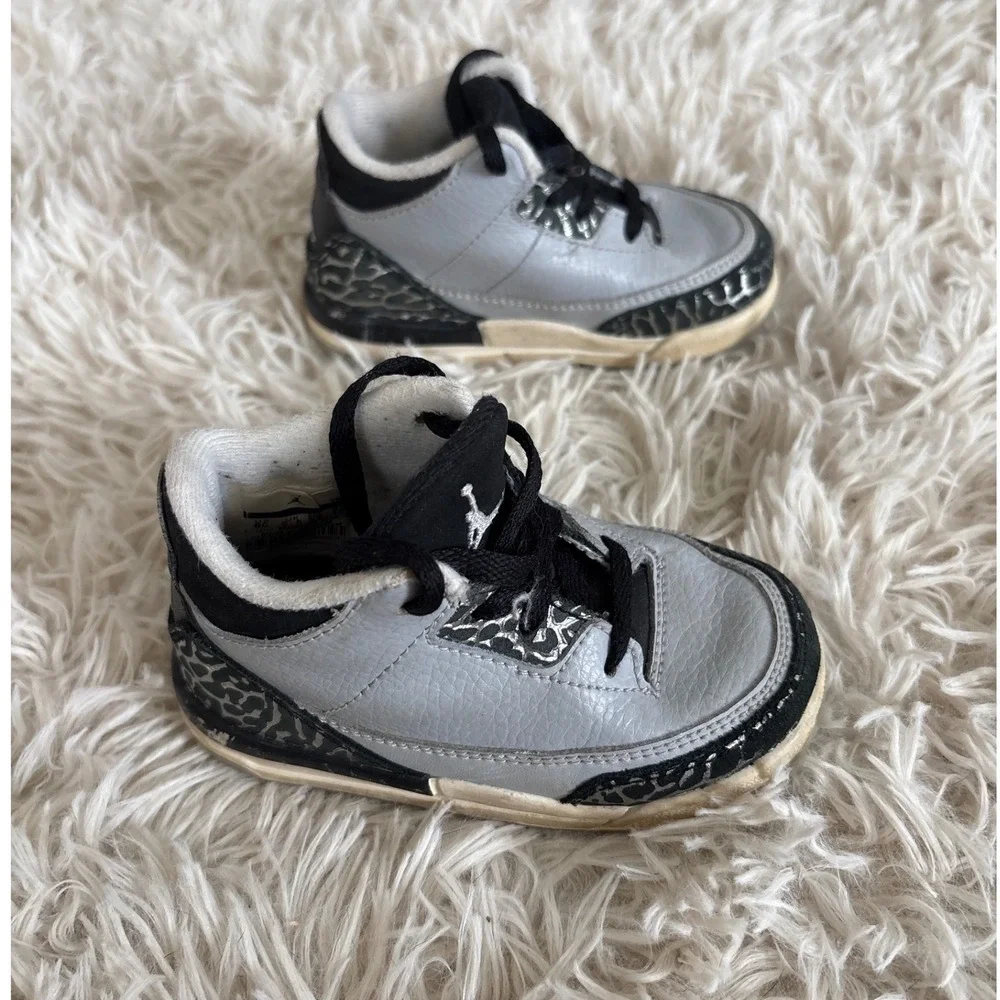 Kids Retro Jordan 3 Toddler Sneakers Wolf Grey Black Cement‎ Print Size 6C